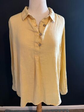 Lightweight Yellow Button-Front Linen Tunic XL Sigrid Olsen